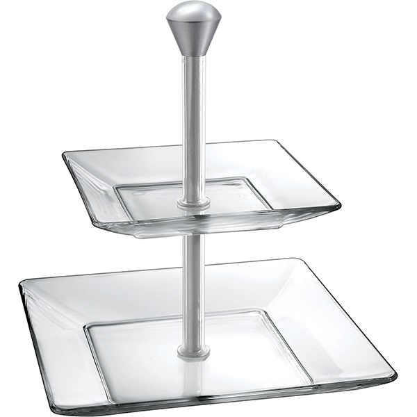 Этажерка 2-х ярусная квадратная для десерта «Моди» длина=15/21 см.; стекло,сталь; высота=28 см.; прозрачный,металлический
