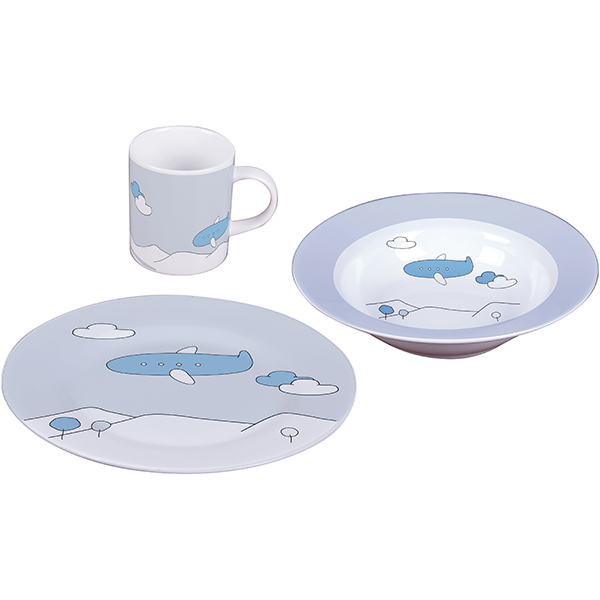 Набор посуды детский 3 предмета; фарфор; голубой