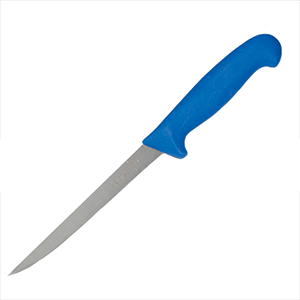 Нож для филе гибкий; сталь, пластик; длина=18 см.; металлический,голубой