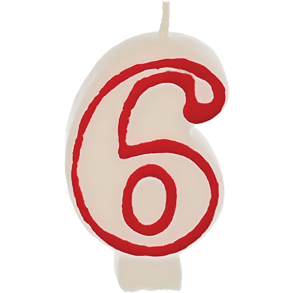 Свеча-цифра ко дню рождения «6»; воск; высота=16, длина=144/74, ширина=84 мм; белый,красный