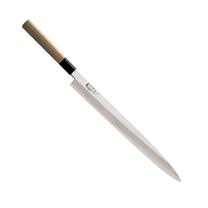 Нож янагиба для суши, сашими; сталь, дерево; длина=45/30, ширина=3.5 см.; металлический, светлое дерево