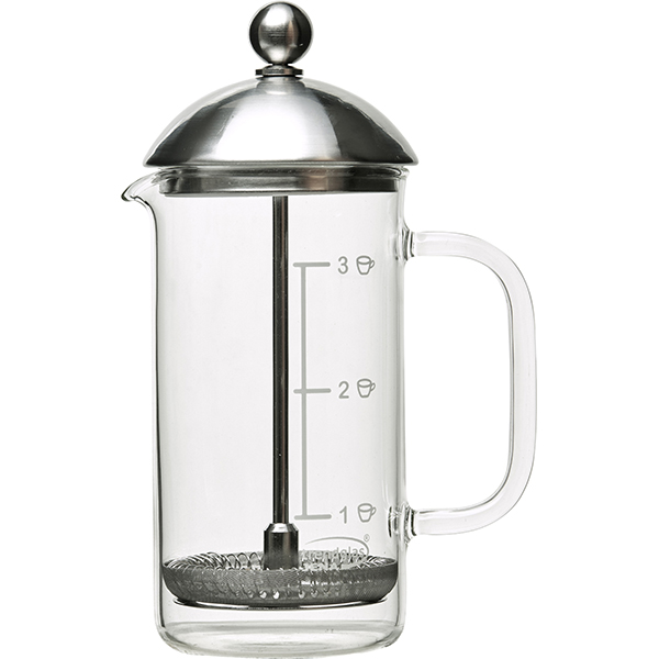 Кофейник с прессом на 3 чашки; стекло; 350 мл; диаметр=7.5, высота=17, длина=11.5 см.