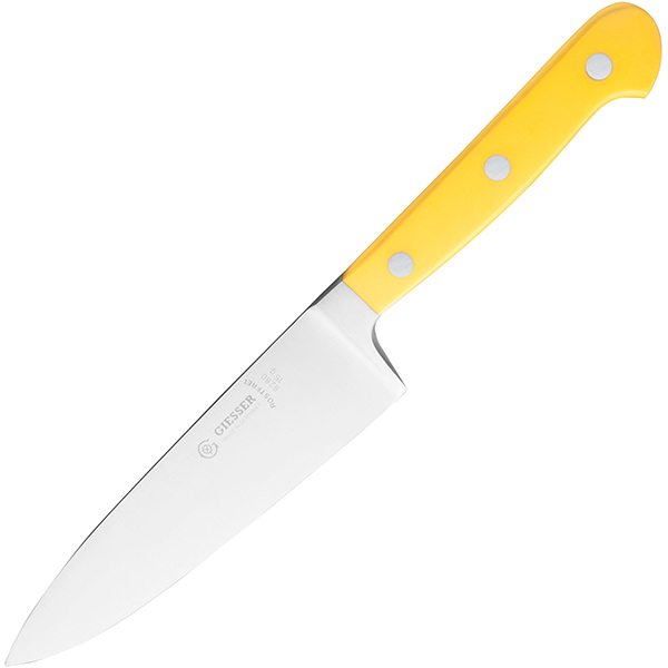 Нож поварской; сталь нержавеющая,пластик; длина=15, ширина=3.5 см.; желтый ,металлический