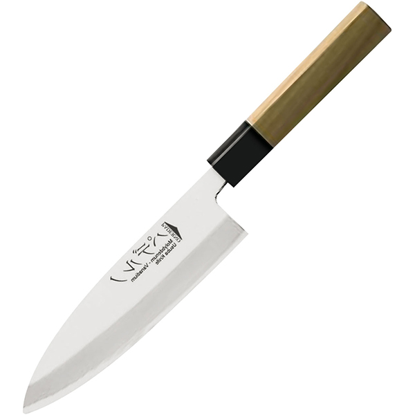 Нож дэба для разделки рыбы; сталь, дерево; длина=31/16.5, ширина=4.7 см.; металлический,св. дерево