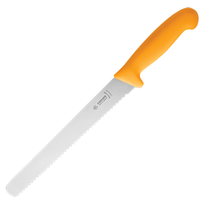 Нож для хлеба; сталь нержавеющая,пластик; длина=28 см.; желтый