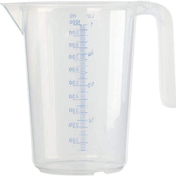 Мерный кувшин; пластик; объем: 1 литр; диаметр=11.7, высота=17, длина=17 см.; прозрачный